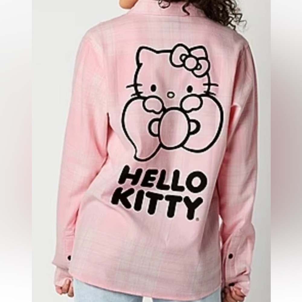 Hello Kitty Sanrio Pink Long Sleeve Flannel Boyfriend button up Shirt Medium NEW